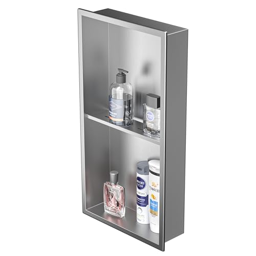 Bernkot Stainless Steel Shower Niche 24' X 12' Brushed No Tile Needed Wall Niche Double Shelves...