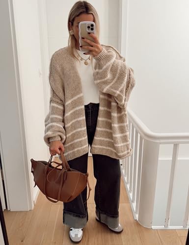 Bankeng Women's Oversized Striped Cardigan Sweaters Fall Long Lantern Sleeve Knit Open Front Lightweight Sweater2