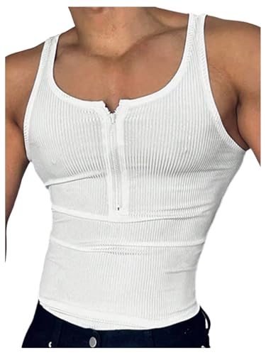 GORGLITTER Men's Half Zip Ribbed Knit Tank Top Sleeveless Slim Fit Muscle Gym Lightweight Undershirts for Workout White X-Large