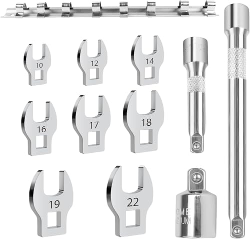 11-tlg Metrisches Hahnenfußschlüssel-Set mit 10mm/12mm/14mm/16mm/17mm/18mm/19mm/22mm Austauschbare Flare Muttern Schlüssel mit Clip-on-Organizer