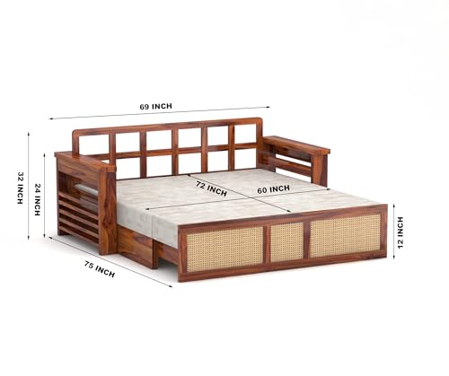 Image of Solid Sheesham Wood Sofa Cum Bed with Cane Rattan Design | Convertible Sofa Bed for Living Room & Bedroom (Honey Finish)