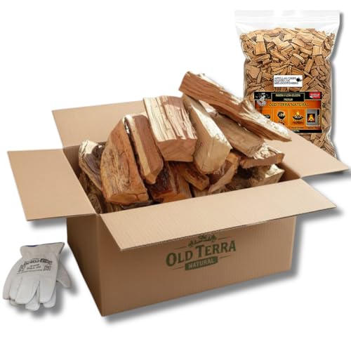 OLD TERRA NATURAL | Kit Leña Premium 10kg para Chimenea, Barbacoa y Horno de Pizza | Troncos seleccionados, Astillas de Frutal y Guantes de Cuero de Calidad