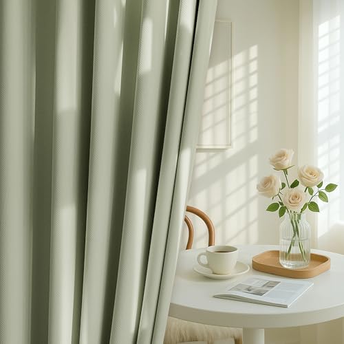 Image of FMFUNCTEX 100% Blackout Curtains for Bedroom, Sage Green Geometric Weave Curtains 54 Inch Length Textured Thermal Insulated Curtains for Living Room, Black Out Drapery Grommet 2 Panels