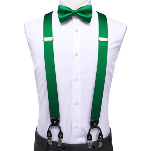 Image of Hi-Tie Men Suspender Bowtie Set Suspenders Pre-tied Bow Tie Pocket Square Cufflinks Adjustable Y Shape 6 Clips Braces Tuxedo