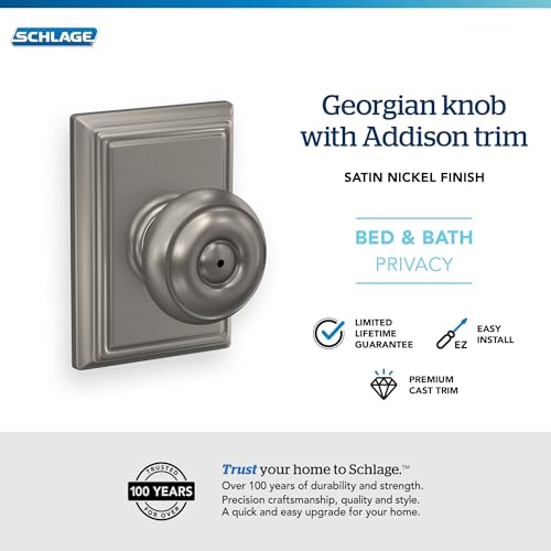 Image of Schlage F40 GEO 619 ADD Addison Door Knob with Addison Trim, Bed & Bath Privacy Lock, Satin Nickel