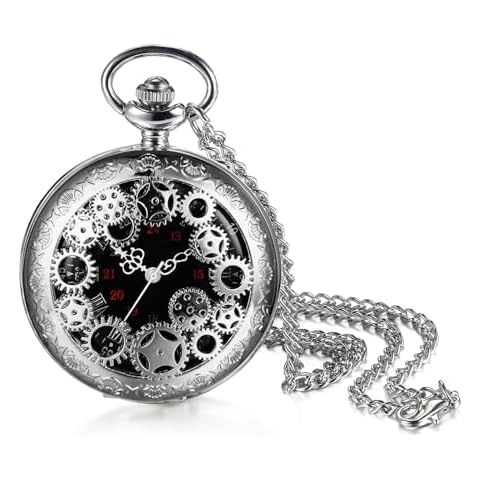 JewelryWe Quartz Skeleton Pocket Watch with Chain Cover