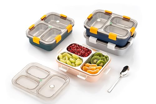Image of Brand Conquer Lunch Box Leak-Proof BPA Free Stainless Steel for School, Lunch Box for School & Office with a Fork, a Spoon and a Pair of Chopsticks (Grey, 3 Compartment)