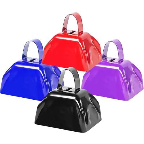 Metal Cow Bell Noise Maker - 3 Inch Pack of 4 - Small Loud Metal Cowbell Noisemaker with Handle - Great for Football Games, Sporting Events, Weddings, New Year's Eve, Birthday Parties