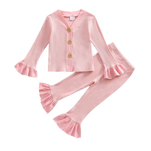 Toddler Baby Girl Clothes Ribbed Knit V-Neck Long Sleeve Tops Flare Pants Infant 2Pcs Fall Outfits Set