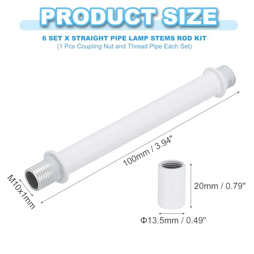 Image of PATIKIL Straight Pipe Lamp Stems Rod Kit, 6 Set M10 Carbon Steel 100mm(3.94 inch) Long Double End Thread Rod with Coupling Nuts Sleeve Connector for Table Lamps Chandeliers, White