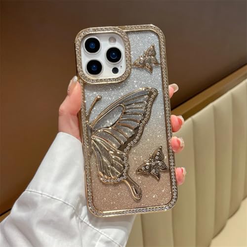 Coque iPhone 16 Pro Max strass dégradés et papillons scintillants dorés
