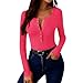 Womens Long Sleeve T Shirts Ribbed Knit Henley V Neck Fashion Basic Crop Tops Going Out Outfits Y2k Clothes Hot Pink