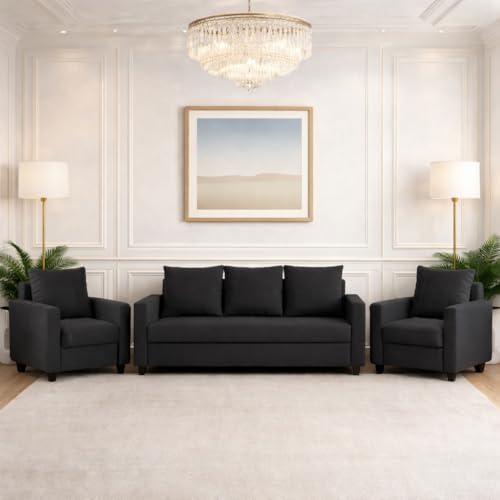 Image of Wood 3+1+1 Sofa Set 5 Seater | Velvet Fabric Upholstery | Wooden Frame Sofa Set with 3 Seater & 2 Single Chairs for Living Room, Home & Office (Dark Grey)