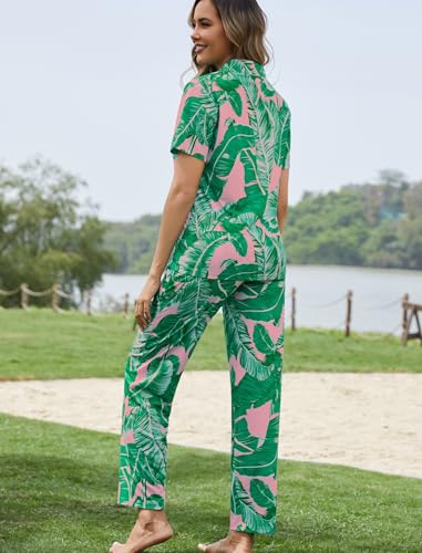 Image of SWOMOG Women Pajama Set 2 Piece Button Down Pajamas Short Sleeve Lounge Sets with Long Pants Soft Sleepwear with Pockets