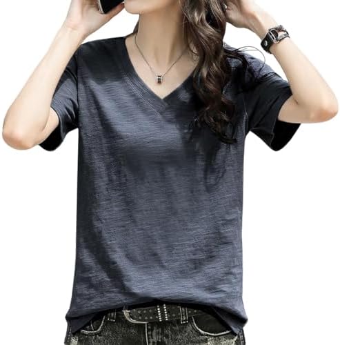 EASTEMPO Women's Short Sleeve T-Shirt, Summer, Loose, V-Neck, Stylish, Cotton, Plain, Cute, Large Size