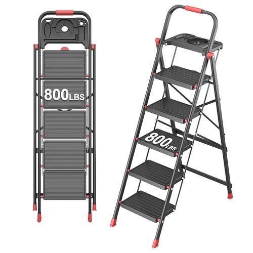 DIAMONDFORGE 5 Step Foldable Ladder with Multifunctional Tool Tray, Iron, Platform Ladders Stepstools, Folding with Non-Slip Pedals, 800 lbs Bearing Capacity for Adults/Home/Kitchen, Black Red by DIAMONDFORGE - Used condition - US$78.96