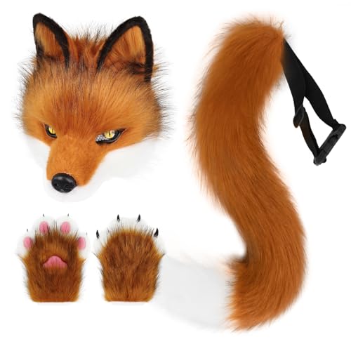 HAOAN Plush Faux Fur Therian Dog Wolf Mask Paw Gloves Fox Tail Set Halloween Costume Accessories