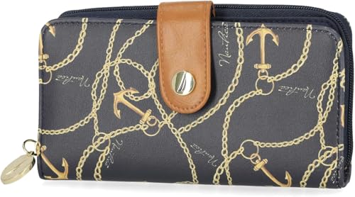 Image of Nautica Be Shore Zip Around Wallet for Women RFID Vegan Leather Clutch, Bifold Organizer with Phone Holder, Card Slots, and Checkbook Pocket, Anchor Aweigh