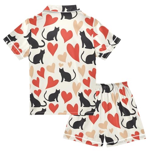 Black Cats Red Hearts Summer Satin Pajama Set, Cute Button-Down Sleepwear Pj Set for Sleep Wears2