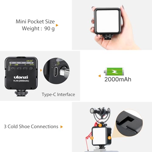 ULANZI VL49 2000mAh LED Video Light 3 Cold Shoe Mounts, Soft Light Panel for DJI OSMO Mobile 3 Pocket Zhiyun Smooth 4 Sony RX100 VIICanon G7X Mark III A6400 6600 GoPro 8 7 6 5 Vlog, Black