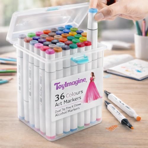 Image of Toy Imagine 36 Colorful Dual Tip Art Markers Sketch Pens with Carrying Case for Painting Sketching Calligraphy Drawing Fine & Chisel Tip Colour Markers for Kids Adults & Artists(36 Shades)