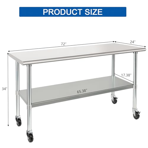 Image of HARDURA Stainless Steel Table with Wheels 24 x 72 Inches Casters NSF Heavy Duty Commercial Work & Prep Table with Undershelf and Galvanized Legs for Restaurant Kitchen Bar and Hotel Garage