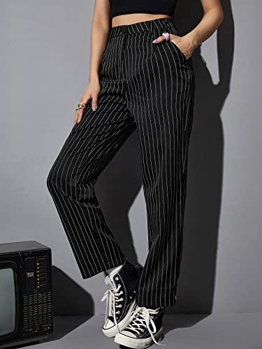 WDIRARA Women's High Waist Colorblock Striped Print Trousers Button Pocket Front Straight Leg Cropped Pants4