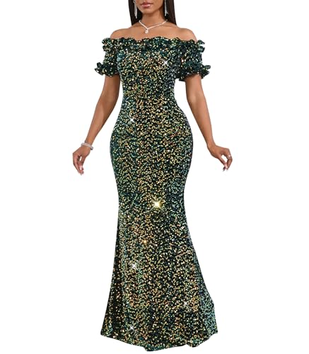 Image of dasmzper Women Sexy Sequin Off Shoulder Ruffle Short Sleeve Bodycon Mermaid Party Formal Evening Maxi Dress