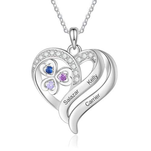 Grovjewfit Collier Cœur Personnalisé avec Pierres de Naissance Noms Gravés Plaqué Rhodium Pendentif Cadeau pour Femme Maman Elle (3 nom)