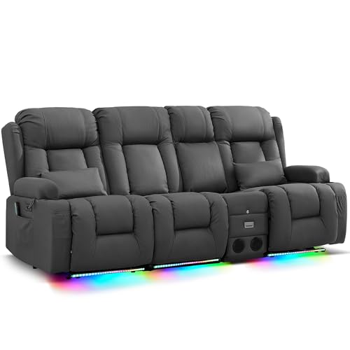 Image of URRED Power Loveseat Recliner Sofa with Massage and Heat, Wall Hugger Reclining Loveseat with Console, RV Couch Home Theater Seating with LED Lights for Living Room (Gray, 89.8 inch - 3 Seats)