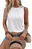 Embroidered Eyelet Tank Top Women Summer Vacation Tops Casual Country Tee Shirts Sleeveless Fashion Loose Blouse(Medium,White2)