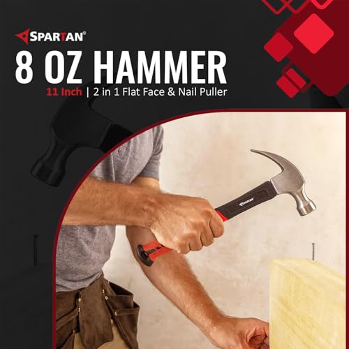 Image of Spartan 8 oz Hammer | 2 in 1 Flat Face & Nail Puller with Magnetic Nail Holder | Forged Steel Head for Strength & Durability | Fibreglass Anti-Slip Handle for Carpentry, Home & DIY Use