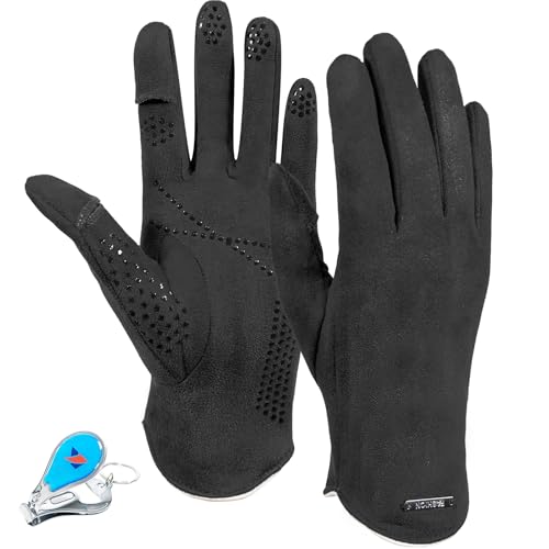 LassZone Winter Warm Suede Gloves for Women, Thick Fleece Lined Touch Screen Gloves Cold Weather Windproof Thermal Mittens with Finger Cap for Running Cycling Driving