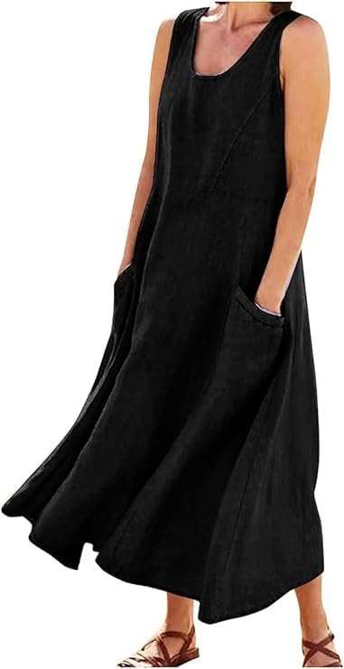 Image of Apvirdy Linen Dress for Women Summer Sleeveless Solid Casual Baggy Flowy Maxi Dresses with Pockets