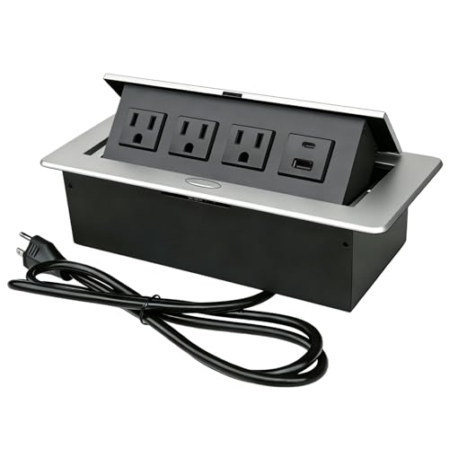 Power Hub for Conference Table PD20W USB-C Fast Charging Pop Up Power Strip with 3AC Outlets Connection Box for Conference Room Kitchen Countertop, Silver