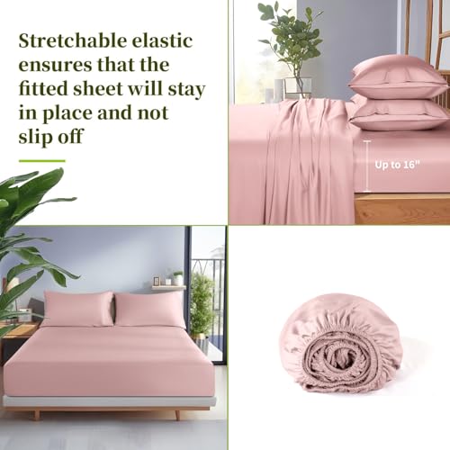 Shilucheng 100% Viscose Derived from Bamboo_ Sheets Queen Size 4pcs - Ultra Cooling & Silky Soft Bed Sheets, 16" Deep Pocket, Perfect for Hot Sleepers, Hotel Bedding Sheets (Light Pink)