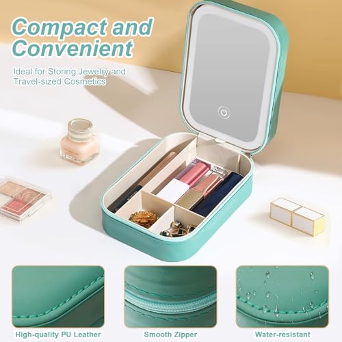 Small Travel LED Makeup Mirror Case with 3 Adjustable Color Light Settings, Dust-Proof Jewelry Box, Mini Cosmetic Train Case Ideal for Short Trips (Green)4