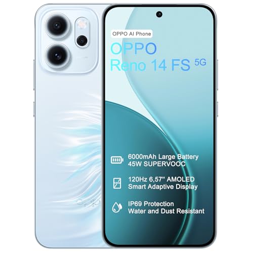 OPPO Reno14 FS 5G 12+512GB Teléfono Movil, IA Smartphone Android, Pantalla AMOLED 120Hz de 6,57", Cámara AI 50+8+2MP, Batería 6000mAh, SUPERVOOC 45W, Snapdragon 6 Gen 1, IP69, Vídeo 4K, NFC, Azul