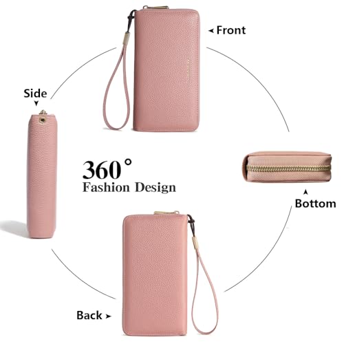 Fashionable long RFID leather women's wallet, large capacity multi slot phone case, zipper closure, detachable wrist strap, hand-held wallet (Pink)4