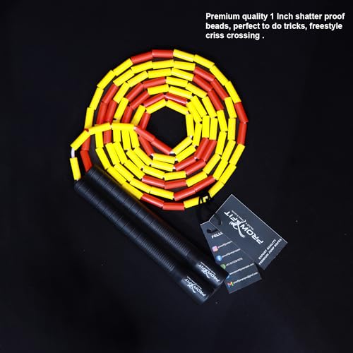 Image of Freestyle Unbreakable Long Handle Soft Shatterproof Beads 1Inch Beaded Jump Rope, Skipping Rope Adult. (10 Ft) (Yellow Red - Black handle)