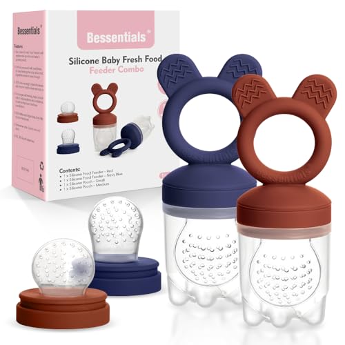 Image of Bessentials Baby Fresh Fruit Food Feeder - 2 Pack Silicone Baby Mesh Feeders for Infant Safe Self Feeding |3 Sizes Food Pouches Included| Suitable for Baby 4m+ (Dark Red & Navy Blue)
