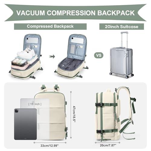 Image of coowoz Vacuum Backpack Travel with Pump,Travel Backpack with Vacuum System For Women Men,Carry On Backpack,Hiking Backpack Waterproof Outdoor Sports Rucksack Casual Daypack,30L(Vacuum pump)White Green