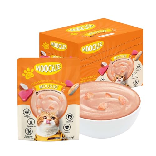Image of PETS EMPIRE Moochie Tasty Wet Cat Food (85 g X 12 Pouches) Mousse with Salmon, Grain Free Cats Gravy Meal, No Artificial Flavours Kitten Food, Non-Vegetarian Cat Foods Pouch for Kittens