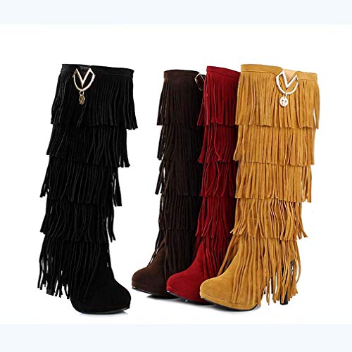 Bubumei Womens Fringe Tassel Stiletto Boots Faux Suede Moccasin High Heel Western Cowboy Knee High Boot2