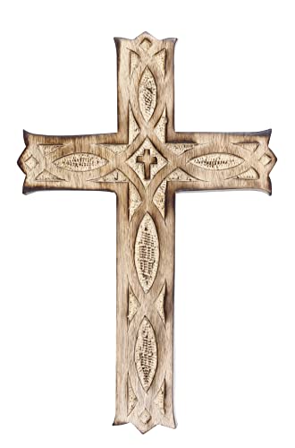 ARTISENIA Wooden Wall Cross Plaque 9' Long Hanging with Hand Carvings Religious Altar Home Living Room Decor