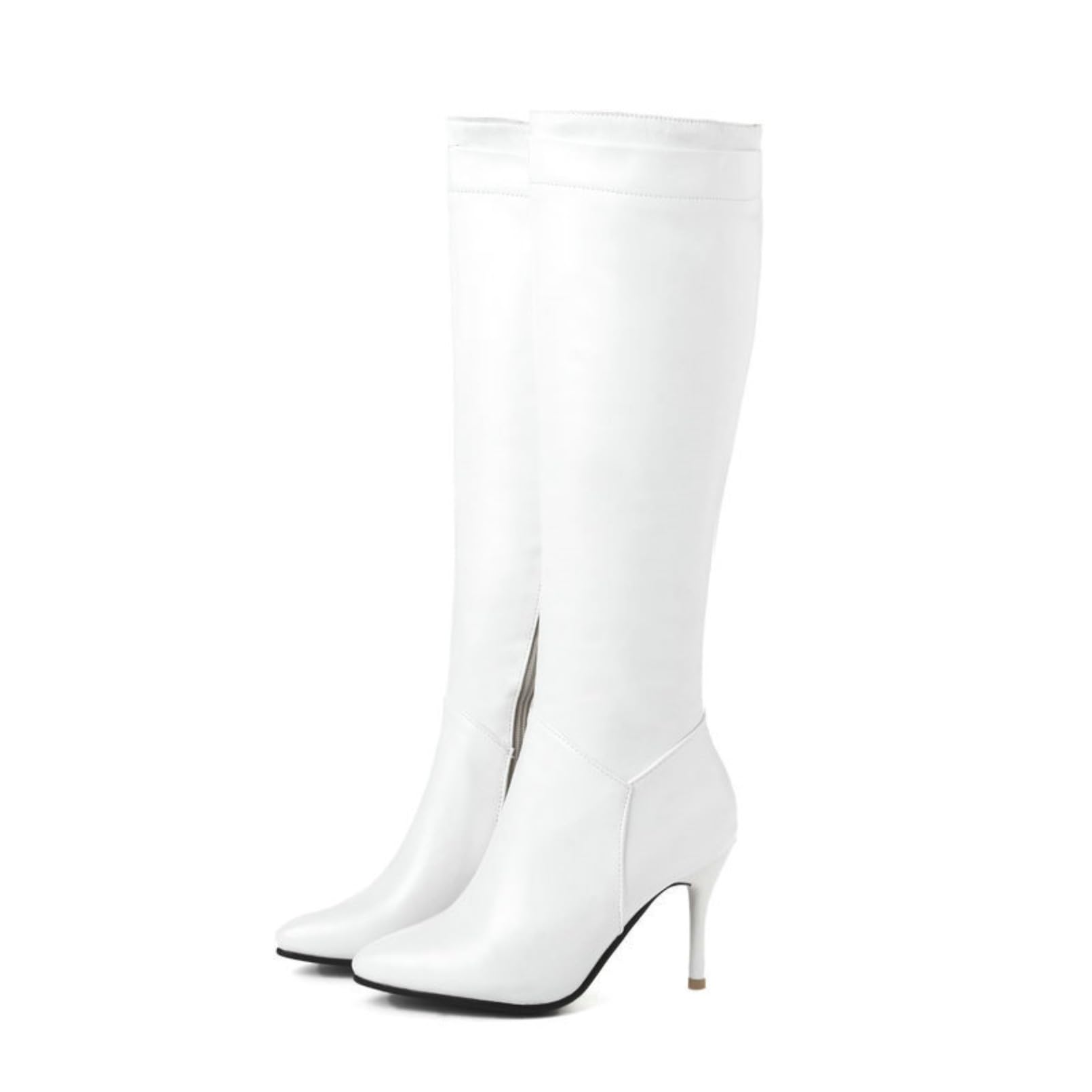 Womens Pointed Toe Knee-High Boots PU Leather Stiletto Heel Stretch Lightweight Comfort Side Zipper Mid-Calf Long Boots For