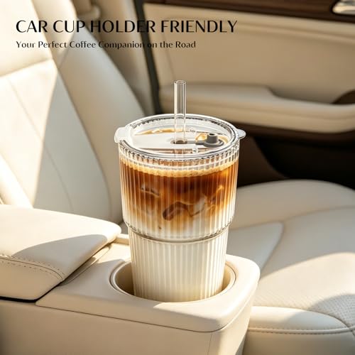Image of INSETLAN 6-Piece Glassware Set - 20 oz Ribbed Glass Tumblers with Lids and Glass Straws, Heavy-Duty Tumblers, Ideal for Iced Coffee, Smoothies, Cocktails, and Juices - Elegant and Durable Drinkware