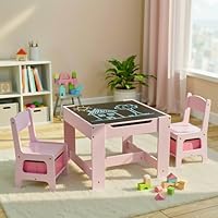 Arlopu Kids Table and Chair Set, 4 in 1 Wooden Children Activity Table w/Storage, Reversible Deskboard, Blackboard, Detachable Tabletop for Toddlers Art Crafts, Playroom, Drawing, Reading Pink