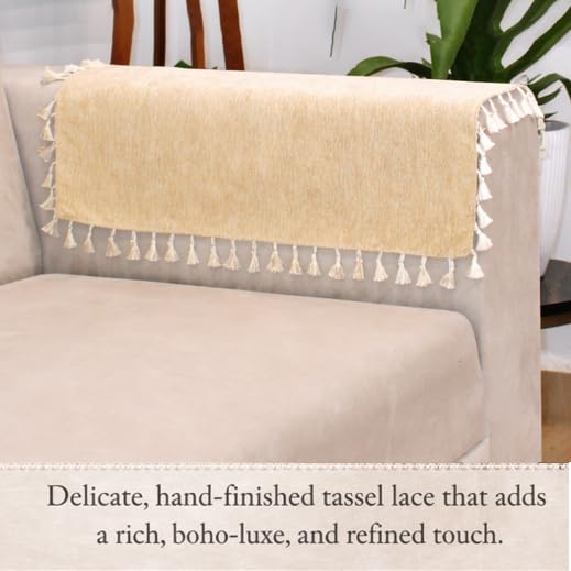 Image of STITCHNEST Premium Woven Fabric Sofa Arm Cover with Tassels | Elegant Hand Rest Protector | Durable & Stylish | 18 x 22 Inches