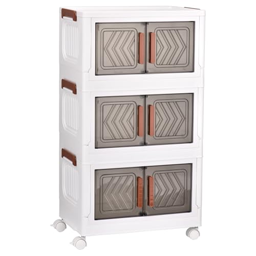 3 Tier Storage Boxes with Lids Collapsible Storage Bin Stackable Organiser Storage, Foldable Plastic Storage Box with Door and Wheels 3 Tier Storage Boxes with Lids Collapsible Storage Bin Stackable Organiser Storage, Foldable Plastic Storage Box with Door and Wheels